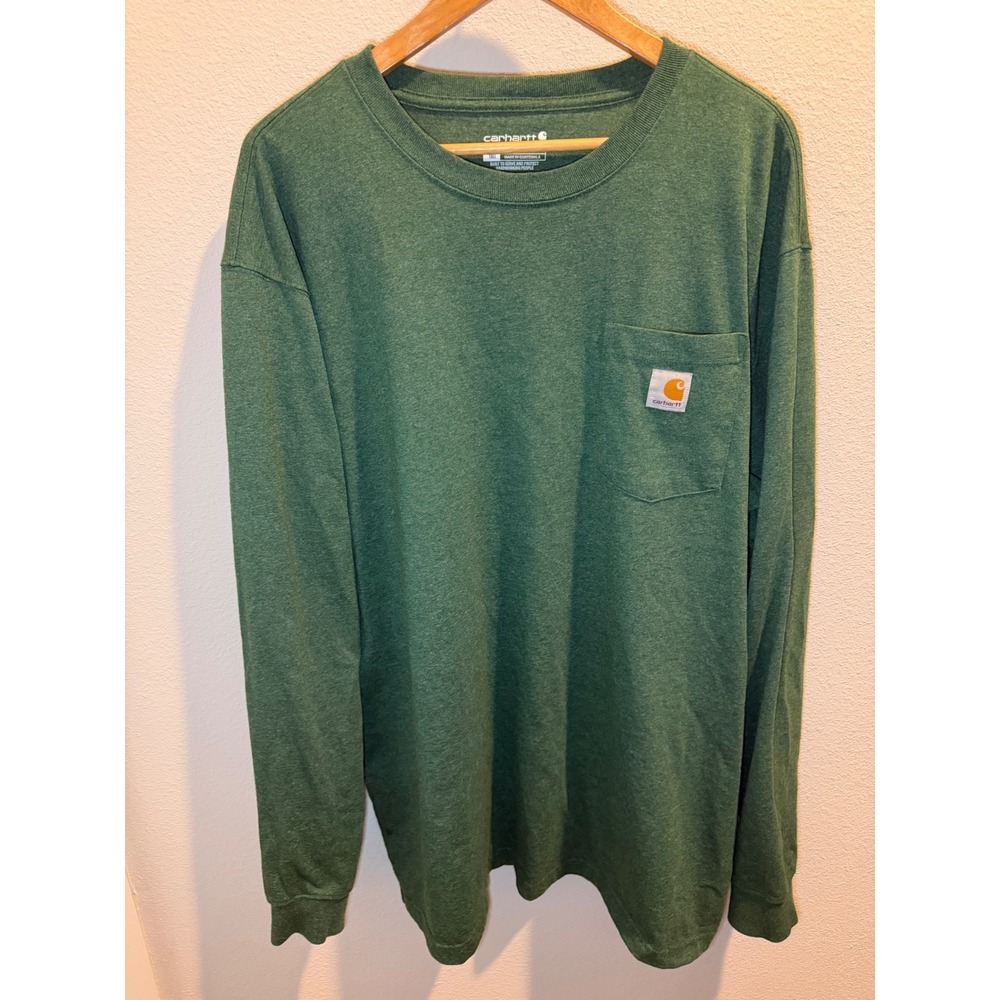 Carhartt Mens Loose Fit Long Sleeve Pocket T-Shirt Green XL Tall Heathered